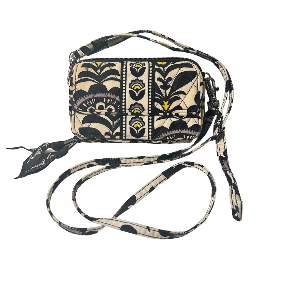 Vera Bradley Fanfare Crossbody Wallet Wristlet Bag Black White Yellow Grey